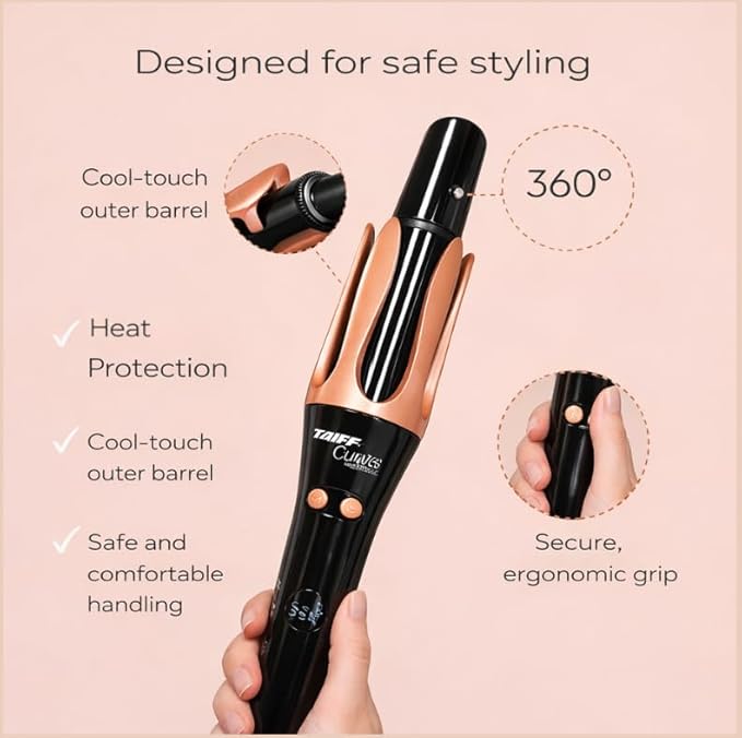 Taiff Automatic Curling Iron | 1¼" Rotating Barrel with Ion Technology | PTC Fast Heating | 3 Heat Settings 340°F–410°F | Dual Voltage Hair Curler for Smooth Frizz Free Long Lasting Curls