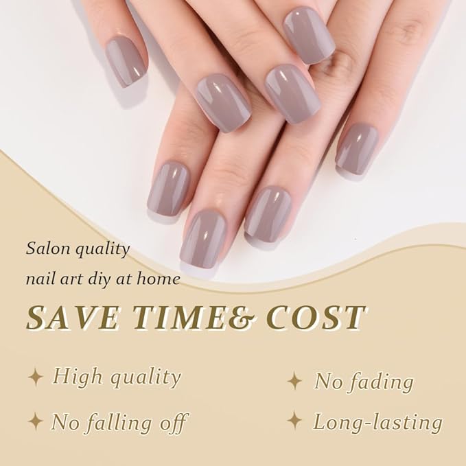 evpct Acrylic Taupe Glossy Press on Nails Short Square, Glossy Taupe Fake Nails Reusable False Nail Stick on Press ons for Women Gifts, Perfectly Fit Durable False Nail Kit with Gel Gel 30Pcs
