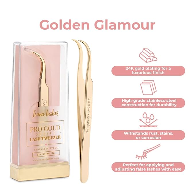 Icona Lashes Hair Removal & Eyelash Tweezer - J-curved Tip for Precise Plucking - Applicator Tool for False Eyelash Clusters & Lash Extensions - 24K Gold Plating, Stainless Steel - Case Included