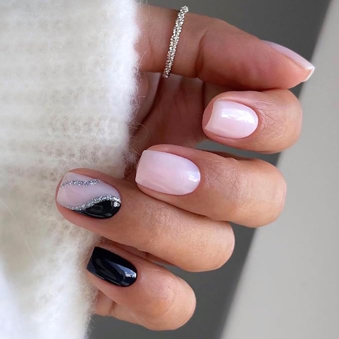 XZMeiLun Pink Press On Nails Short Square, Black Silver Glitter Design Short False Nails, Reusable Stick On Fake Nails with Glue For Women, 12Sizes-24 Salon Quality Nail Kit, Gift for Woman