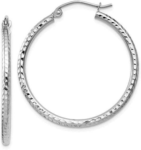 14k White Gold Diamond-Cut Hoop Earrings, (2mm Tube)