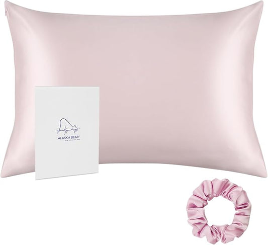 ALASKA BEAR Silk Pillowcase 200% Good Looks on You for Hair and Skin Care Soft Pillow Case with Random Color Scrunchie Gift Set Queen (1pc, Pale Pink)