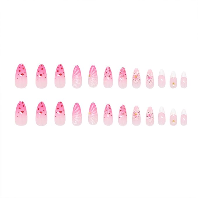 JONKASIPA 3D Pink Floral Embossed Nails Almond Shaped Floral French Fake Nails Spring Patch Nails Full Coverage Acrylic Nails For Women DIY Nail Art Supplies