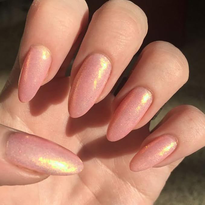GLAMERMAID Press on Nails Medium Almond, Handmade Glossy Gel Nude Pink Golden Glitter Galaxy Fake Nails Shinny Stiletto, Short Oval Pearl Shimmer Acrylic False Nail Kits Stick Glue on Nails for Women