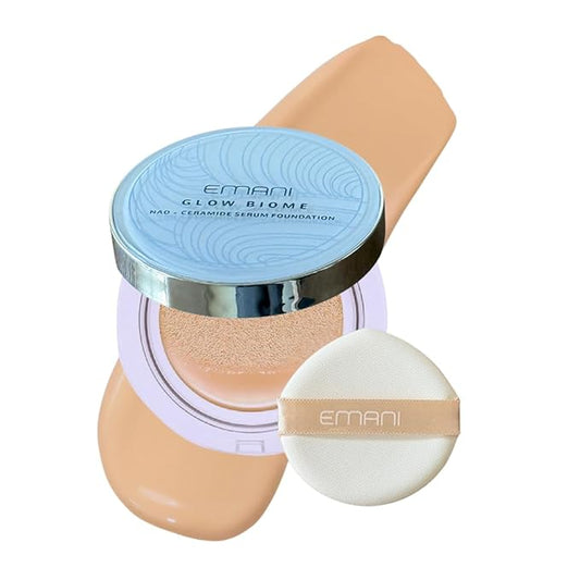 Emani Glow Biome NAD+ Serum Foundation for Sensitive Skin, Lightweight Skin-Like Coverage, With Vitamin C, Peptides, Ceramides, Avocado Oil, Refillable Compact, 0.63 fl oz, Natural Glow