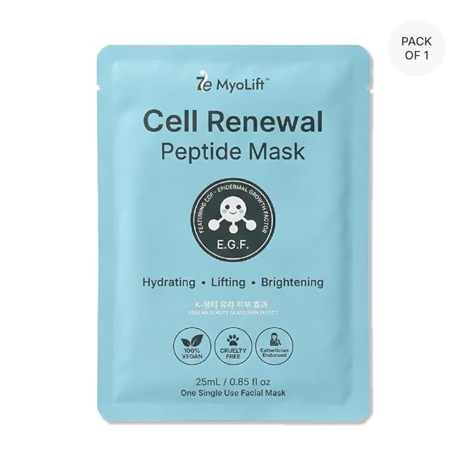MYOLIFT Cell Renewal Peptide Mask(EGF)– 100%Vegan, Bio-Cellulose FaceMask for CellRenewal, Skin Firming, Hydrating & Brightening-with Niacinamide, Hyaluronic Acid& EGF|Korean Skincare Sheet Mask–Pack2