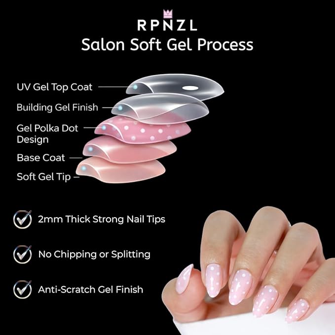 RPNZL Press On Nails - Sugar | Pink Polka Dot UV Finish Almond Nails, Reusable Salon Quality | 32 Nails, 16 Sizes Kit with Glue and Adhesive Tabs I Female Founded