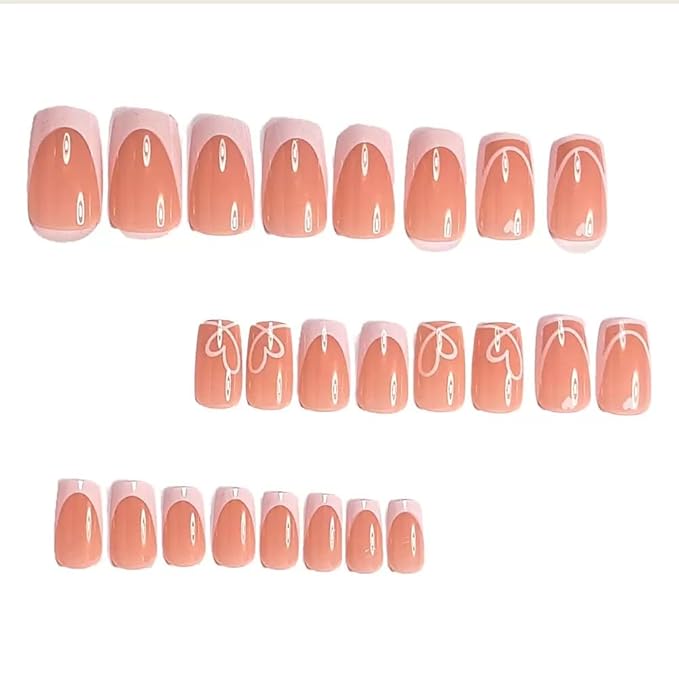 Square Press on Nails Medium - White French Tip with Heart Stripes Design - Glossy Full Cover Stick on False Nails - for Women 24 Pcs