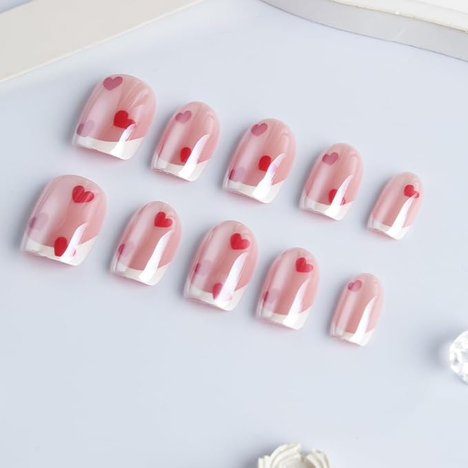 White French Tip Press on Nails Square - Short Fake Nails with Red Heart Design - Chrome Full Cover Stick on False Nails - for Women 24 Pcs
