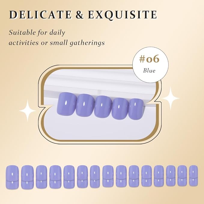 evpct Blue Glossy Press on Nails Short Square, Glossy Blue Fake Nails Summer Reusable, Acrylic False Nail Stick on Press ons for Women Gifts, Perfectly Fit Durable False Nail Kit with Kits 30Pcs