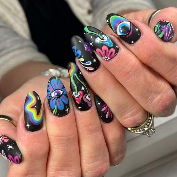 GLAMERMAID Press on Nails Medium Almond, Halloweenr Gothic Cute Cartoon Gel Glue on Nail, Matte Short Stiletto Reusable UV Finish Fake Nails Acrylic False Nails Manicure Kits for Women