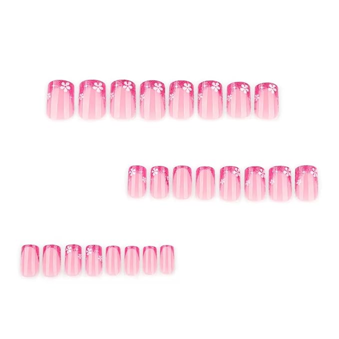 Short Press on Nails Square - Rose Red, French Tip Fake Nails with Flower Design - Glitter Glossy Full Cover Stick on False Nails - for Women 24 Pcs