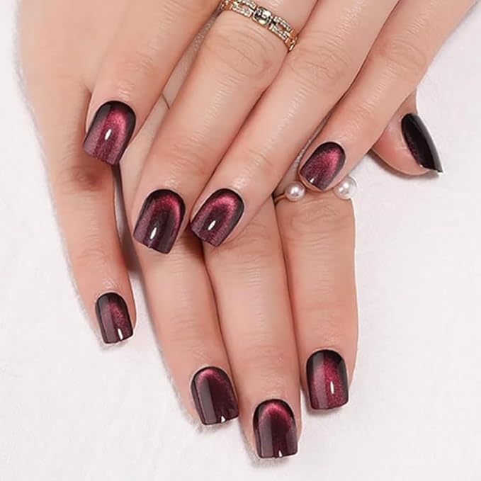 evpct Wine Red Cat Eye Extra Short Press on Nails Square, Petite Short Square Stick on Nails for Women Gift, Black Wine Red Metallic Glitter Glossy Reusable Gel Press on Acrylic Fake Nail with Designs