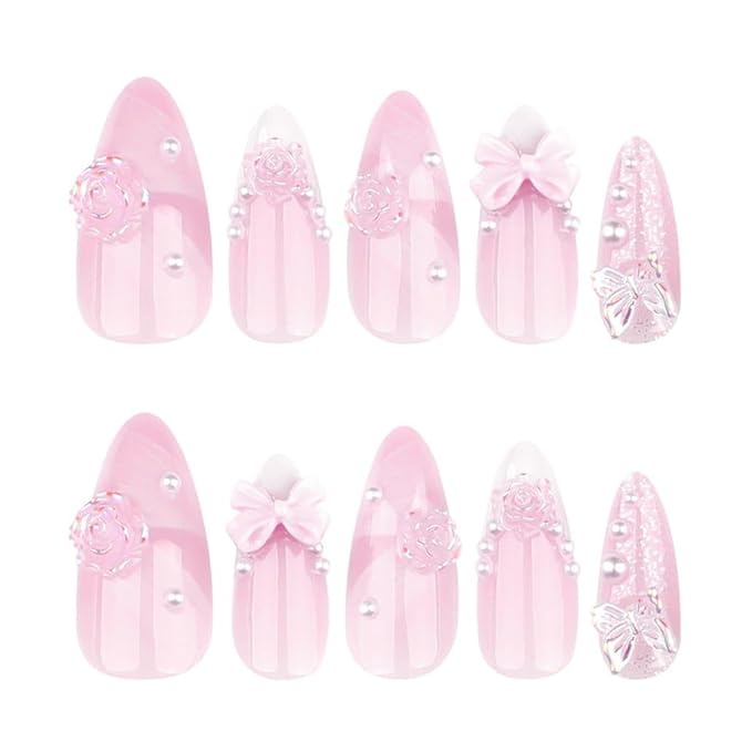 Foccna French Press on Nails Pink Medium, 3D Flower Fake Nails Almond Acrylic False Nails White,Artificial Nails for Women and Girls 24pcs