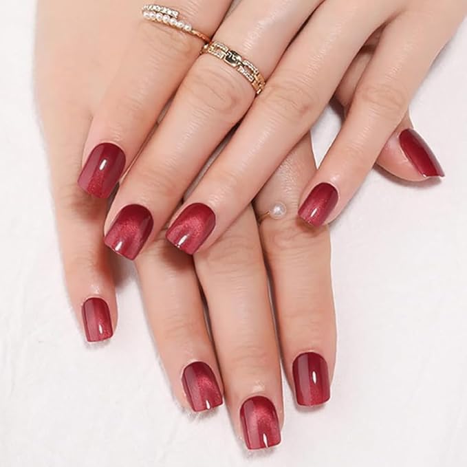 evpct Red Cat Eye Extra Short Press on Nails Square, Petite Short Square Stick on Nails for Women Gift, Real Red Metallic Glitter Glossy Reusable Soft Gel Press on Acrylic Fake Nail with Designs