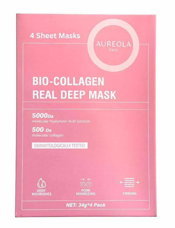 AUREOLA GALÓR Bio-Collagen Sheet Mask (4 Pack), Hydrating & Firming Face Mask, Korean Skin Care Collagen Mask for Dry & Aging Skin, Winter Hydration for All Skin Types