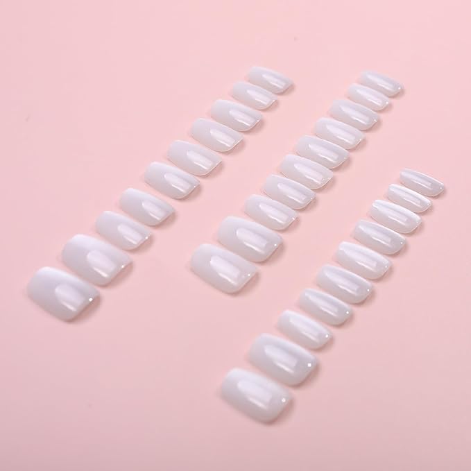 SHELWIN French Press On Nails Ready-To-Wear DIY Manicure Stick On Cat Eye Nails kit for Women 24 Pcs Short Medium Coffin Almond Shaped False Nails Gifts（Pearl White）