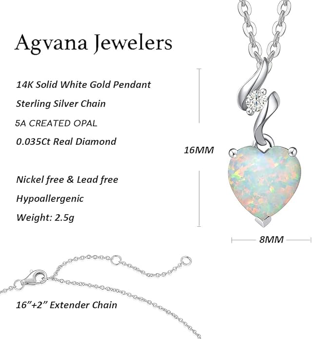 AGVANA Christmas Gifts 14K Solid White Gold Diamond Gemstone Pendant with Sterling Silver Chain 8mm Heart Birthstone Necklace Fine Jewelry Anniversary Birthday Gifts for Women Mom Wife