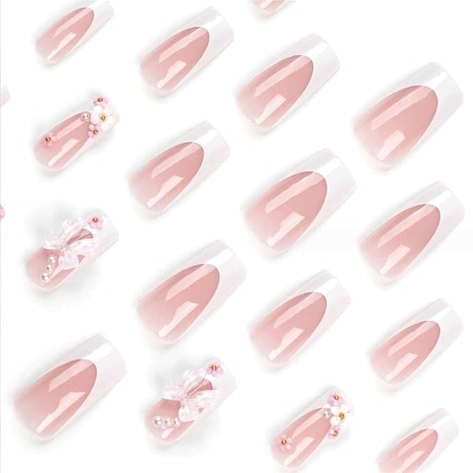 Foccna Press on Nails Medium Long Rhinestone Pink Fake Nails Square Bling Glossy 3D False Nail Tips Artificial Nails Finger Manicure for Women and Girls-24pcs