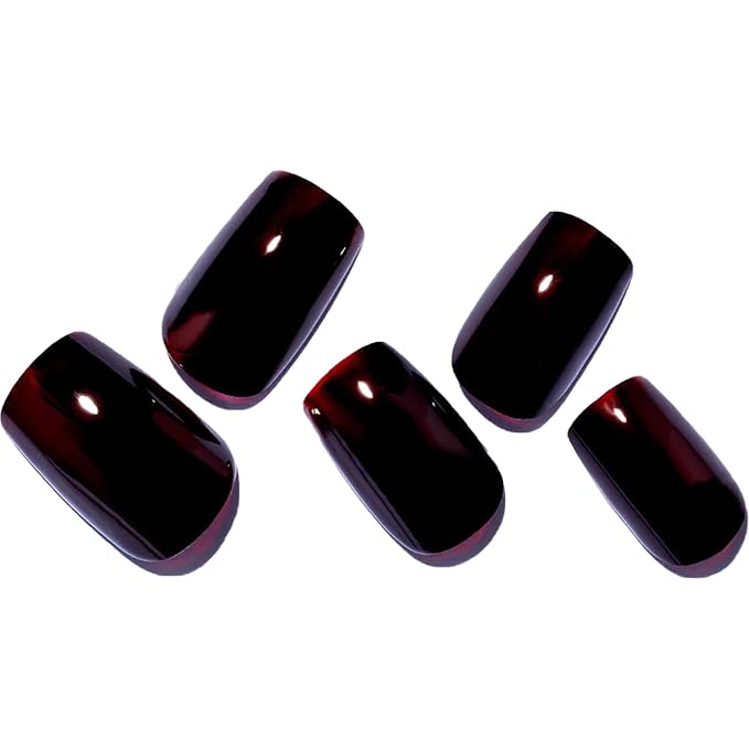 GLAMERMAID Burgundy Press on Nail Medium Square, Dark Red Handmade Jelly Soft Gel Nail Square Fake Nail, Glossy Stick Glue 0n Nail Kit for Women, Reusable Stick on Acrylic Fake Nail Manicure Set