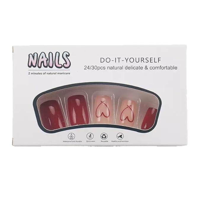 CTTHNBD Press on Nails Square - Short, Red Fake Nails with Heart Design - Solid Color Full Cover Stick on False Nails - for Women 24 Pcs