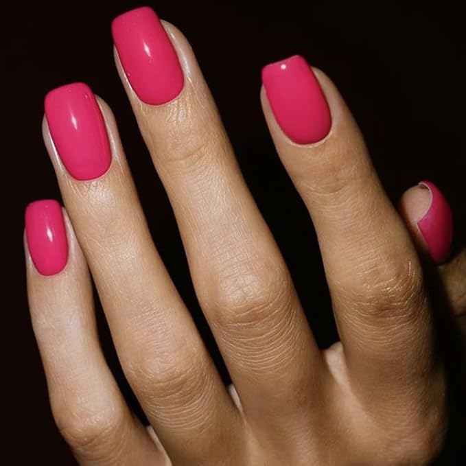 Gel Nail Polish Press on Nails Short, Handmade Hot Pink Fake Nails Medium Square Shape UV Jelly Finish Glue on Nails for Women Acrylic False Nail Kits Stick on nails Reusable Full Cover by GLAMERMAID,