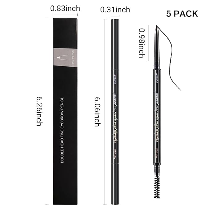 5 Pcs Dual-Sided Auto-rotate Ultra-Fine Tip Eye Brow Pencils Pack,Draws Tiny Brow Hairs, Defines, Fills Brows, Shapes, Contours, Combs, ‌1mm Pen Point (2*Black+2*Light brown+Gray)