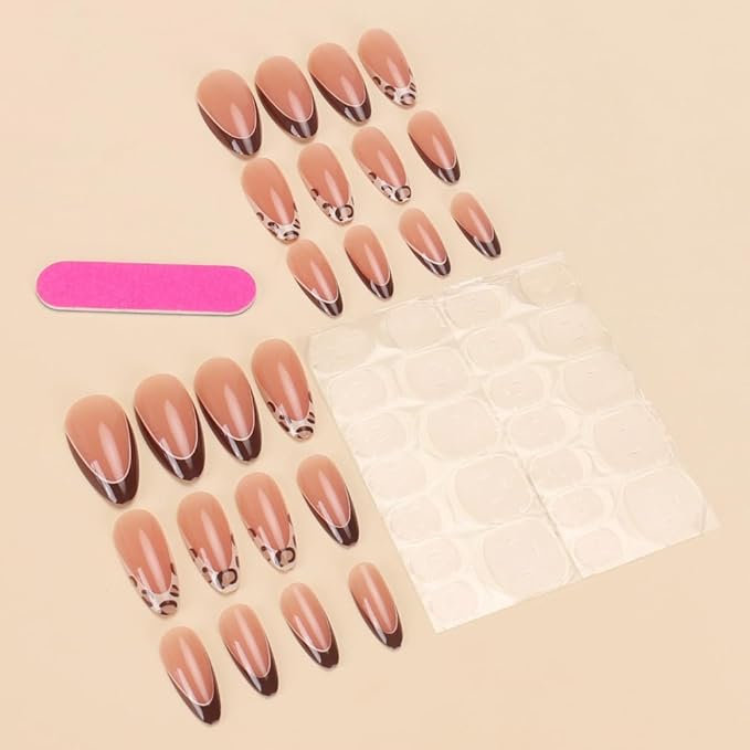 SHELWIN French Press On Nails Ready-To-Wear DIY Manicure Stick On Nails kit for Women 24 Pcs Short Medium Coffin Almond Shaped False Nails Gifts（Little Wildcat）