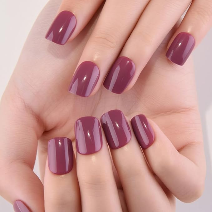 evpct Maroon Glossy Press on Nails Short Square, Glossy Maroon Fake Nails Summer Reusable, Acrylic False Nail Stick on Press ons for Women Gifts, Perfectly Fit Durable False Nail Kit & Gel 30Pcs