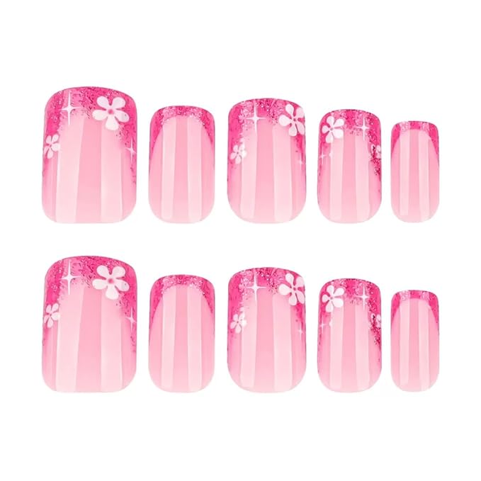 Short Press on Nails Square - Rose Red, French Tip Fake Nails with Flower Design - Glitter Glossy Full Cover Stick on False Nails - for Women 24 Pcs