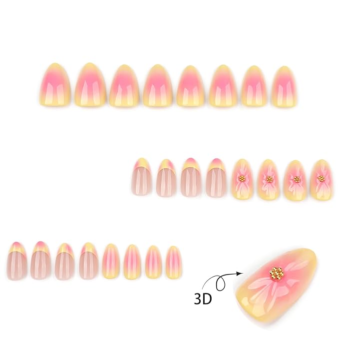 24Pcs French Tip Press on Nails with 3D Flower Fake Nails French Yellow, Sweet and Cool Manicure Press on Cute Stick on Nails Short Gradient Glossy Acrylic Nails Kit for Women Daily Wear