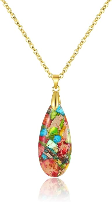Sriomu Natural Healing Stone Chain Necklaces for Women Teardrop Gemstone Pendant Statement Gold Necklace