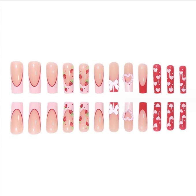 Foccna Press on Nails Long Rhinestone Pink Fake Nails Square Bling Glossy Artificial Nails Finger Manicure for Women and Girls-24pcs (Long Nails 3)
