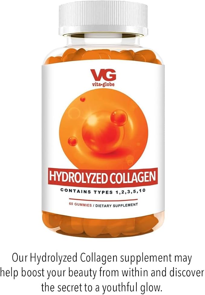 VITA GLOBE Collagen Gummies – 200mg Hydrolyzed Collagen Types I, II, III, V & X | Supports Hair, Skin, Nails, Joints & Bones | Non-GMO Daily Collagen Supplement for Adults – 120 Gummies (Pack of 2)