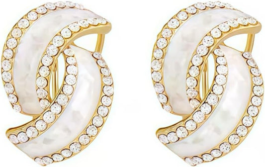Gold Plated Double Hoop Earrings for Women, White Enamel & Cubic Zirconia Statement Earrings