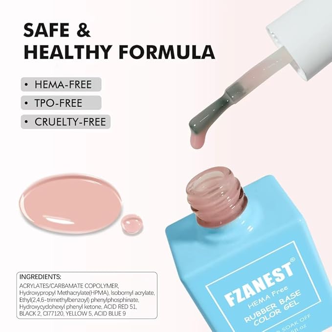 FZANEST Hema-Free Nude Gel Polish Rubber Base Set, 6 Colors Self-leveling Quick Builder Gel for Nail Overlays Sculpting Repair French Tips Base Colors Long-Lasting Base Salon-Quality Nails At Home