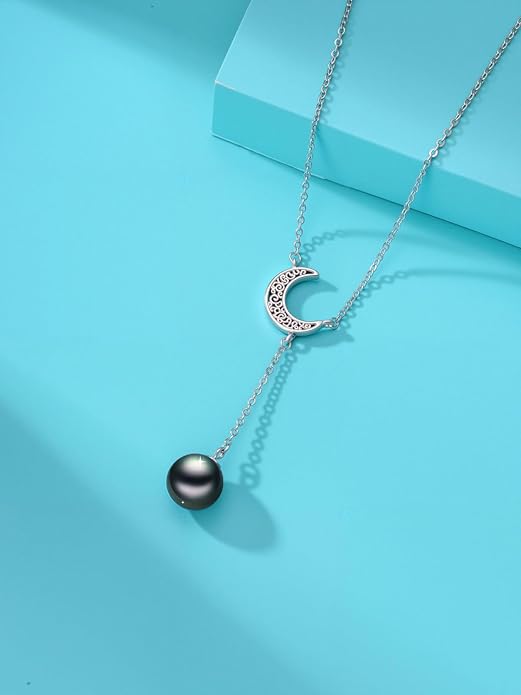 KANNSOAR Tahitian Black Pearl AAAA 18K White Gold Plated Sterling Silver Moon Pendant Y Necklace for Women Wife Mom Girlfriend Her Jewelry Gift for Anniversary Birthday