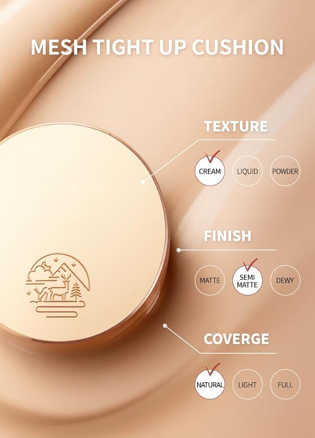 BEAUDIANI Natural Coverage – Mesh Tight Up Cushion – Korean Cushion Foundation, Semi-Matte Radiance, Long-lasting, Travel-Friendly Design (03 Medium Beige)
