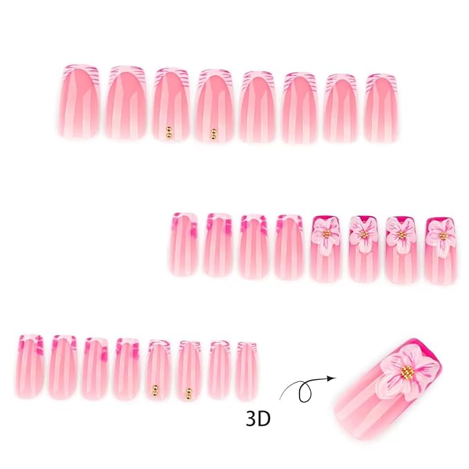 Medium Square Press on Nails - French Tip Fake Nails with 3D Flower Design - Pink False Nails Press ons - for Women 24 Pcs
