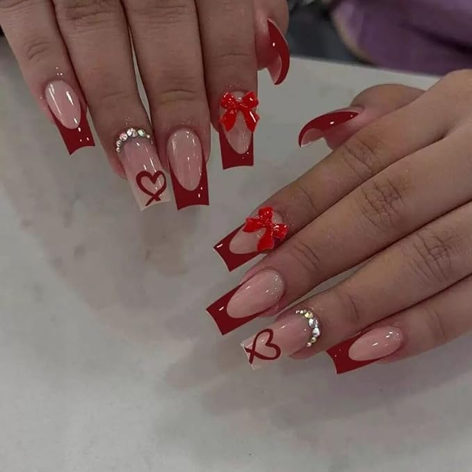 Medium Press on Nails Coffin - Red French Tip Fake Nails with Bow Heart Design - Glossy Full Cover Stick on False Nails with Rhinestone for Women Manicure 24 Pcs