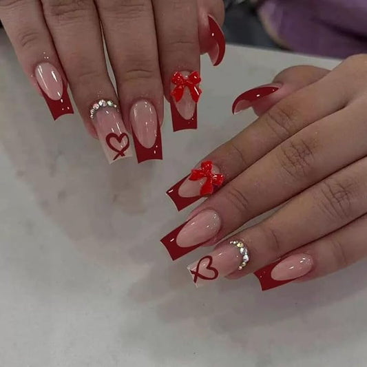 Medium Press on Nails Coffin - Red French Tip Fake Nails with Bow Heart Design - Glossy Full Cover Stick on False Nails with Rhinestone for Women Manicure 24 Pcs