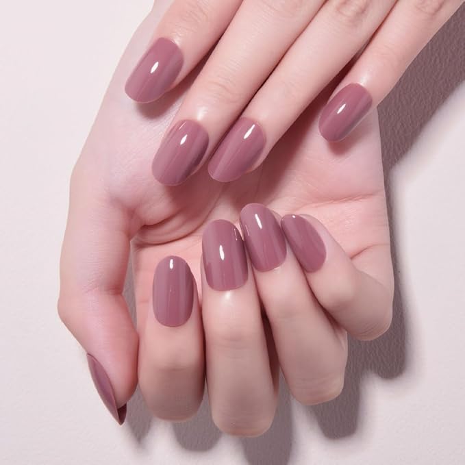 evpct Mauve Real Short Oval Press on Nails for Women, Extra Short Glossy Mauve Fake Nail Salon Quality with Nail Kit Set Kit, Soft Gel Full Cover Reusable Stick on Acrylic False Nails Perfectly Fit
