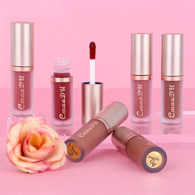 evpct 1Pcs Dark Brown Matte Liquid Lipstick Lip Gloss Glossy Set for Black Women 24 Hour Silky Velvet Lipstick 04#