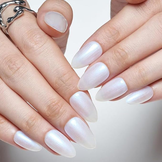 GLAMERMAID Pure White Pearl Press On Nails Short Almond, Glazed Donut Handmade Soft Jelly Gel Fake Nails, Glossy Neutral Round Oval Stick Glue on Nails Kit for Women, Reusable Acrylic False Nail Set