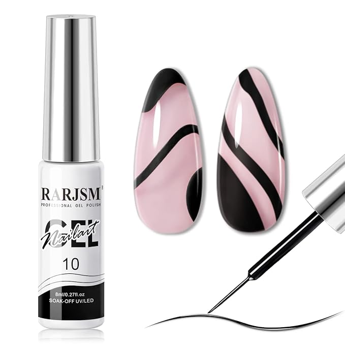 RARJSM Liner Nail Art Gel Polish,Black Painted Gel Nail Design Polish 1 Bottle Soak off Curing Requires 8ml Build in Thin Brush for Classical Home Salon Diy Nail French Manicure Painting
