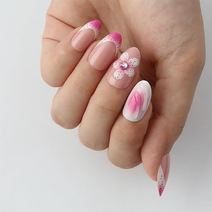 XZMeiLun 3D French Tip Flowers Press On Nails Almond Short, 3D Pattern French Tips Designer Reusable Acrylic Nails Press Ons, Fake Nails With Glue On, Daily Wear Floral False Nails For Women