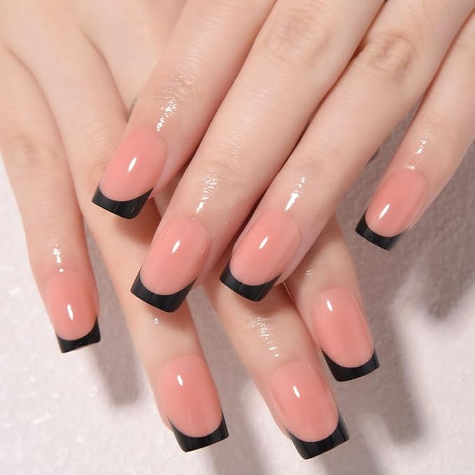 XZMeiLun Nude+Black French Tips Press on Nails, Short Square Acrylic Fake Nails Design, Natural Reusable Glue-On Nails Kit for Women DIY False Nail Art Decoration Gift, Salon Quality Reusable 32 Pcs