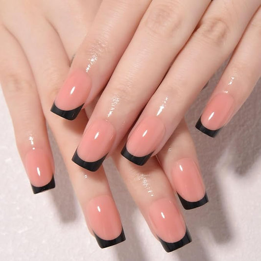 XZMeiLun Nude+Black French Tips Press on Nails, Short Square Acrylic Fake Nails Design, Natural Reusable Glue-On Nails Kit for Women DIY False Nail Art Decoration Gift, Salon Quality Reusable 32 Pcs