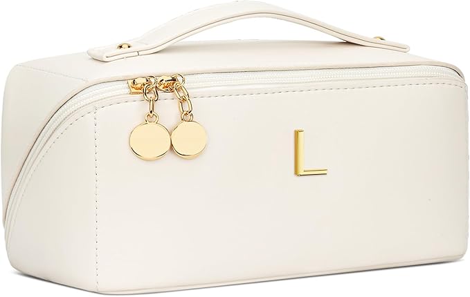 Gifts for Women Bridesmaid Gifts Personalized Initial Makeup Bag PU Leather Cosmetic Waterproof Travel Toiletry Bag (Large)