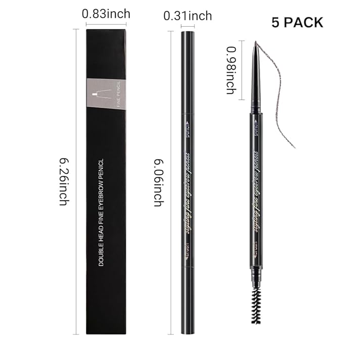 5 Pcs Dual-Sided Auto-rotate Ultra-Fine Tip Eye Brow Pencils Pack, Draws Tiny Precise Brow Makeup, Hairs, Defines, Fills Brows, Shapes, Contours, Combs, ‌1mm Pen Point (2*Black+2*Milk tea+Gray)